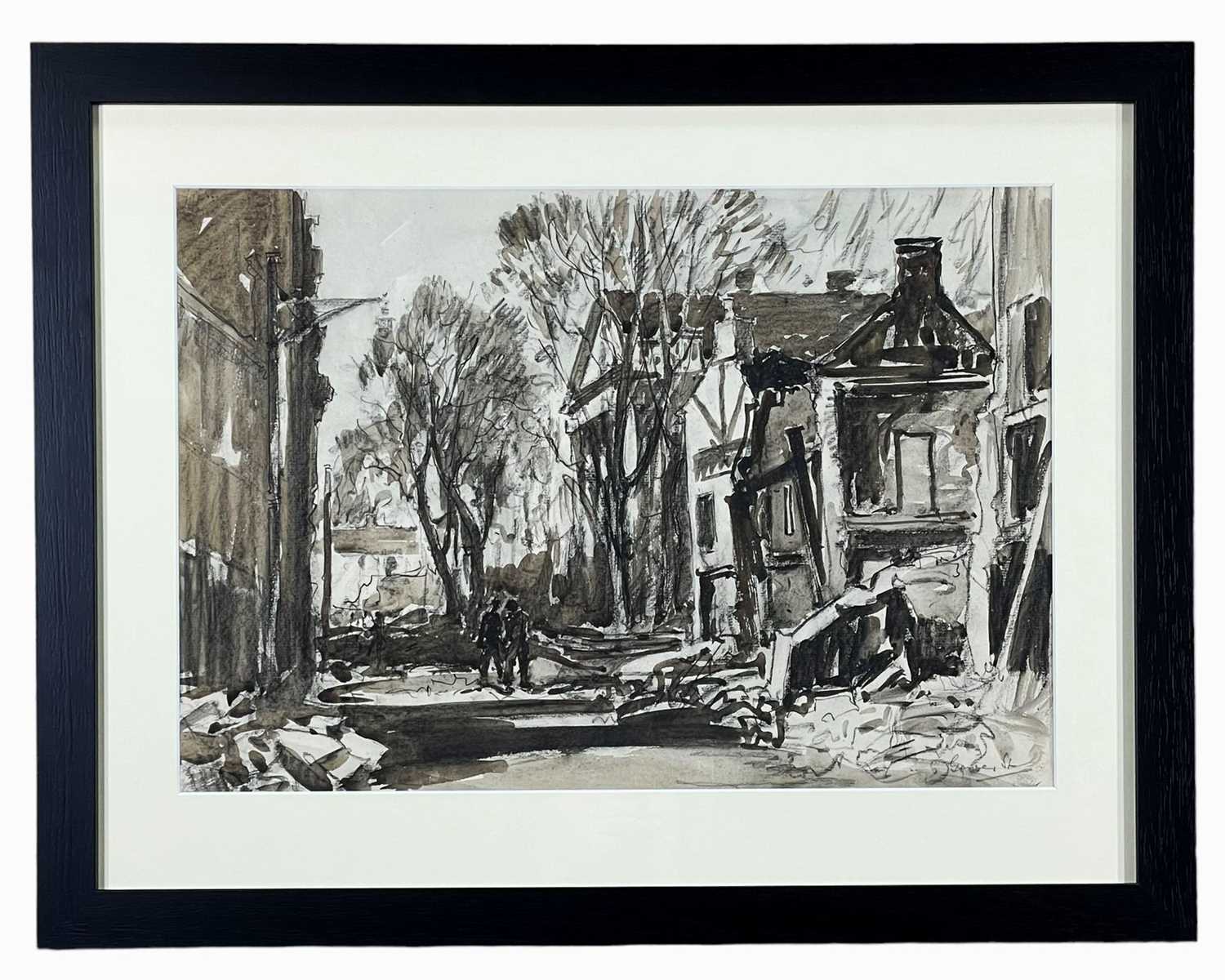 ‡ WILL EVANS mixed media - bombed-out street of Swansea after the Blitz of 1941, with two figures - Image 2 of 2