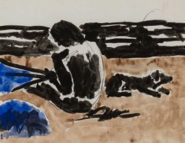 ‡ JOSEF HERMAN OBE RA watercolour - seated figure and resting dog on beach, 18 x 24cms Provenance: