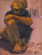 ‡ KEVIN SINNOTT oil on board - seated figure with hand on knee, entitled verso on Bernard Jacobson