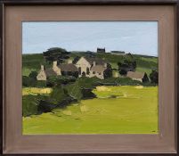 ‡ SIR KYFFIN WILLIAMS RA oil on canvas - landscape with fields and village to the centre,