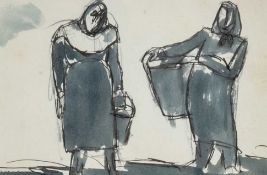 ‡ JOSEF HERMAN OBE RA inkwash - entitled verso 'Two Cockle Pickers' on Albany Gallery label, 11 x