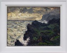 ‡ SIR KYFFIN WILLIAMS RA oil on canvas - coastal scene with cliffs, inscribed verso 'Kyffin