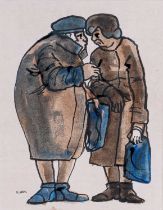 ‡ KAREL LEK watercolour and acrylic - entitled verso, 'Gossip' on Gorstella Gallery label, signed,