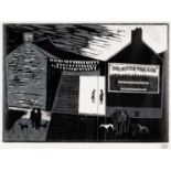 THOMAS NATHANIEL DAVIES limited edition (7/20) linocut - south Wales valley street with figures