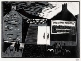 THOMAS NATHANIEL DAVIES limited edition (7/20) linocut - south Wales valley street with figures