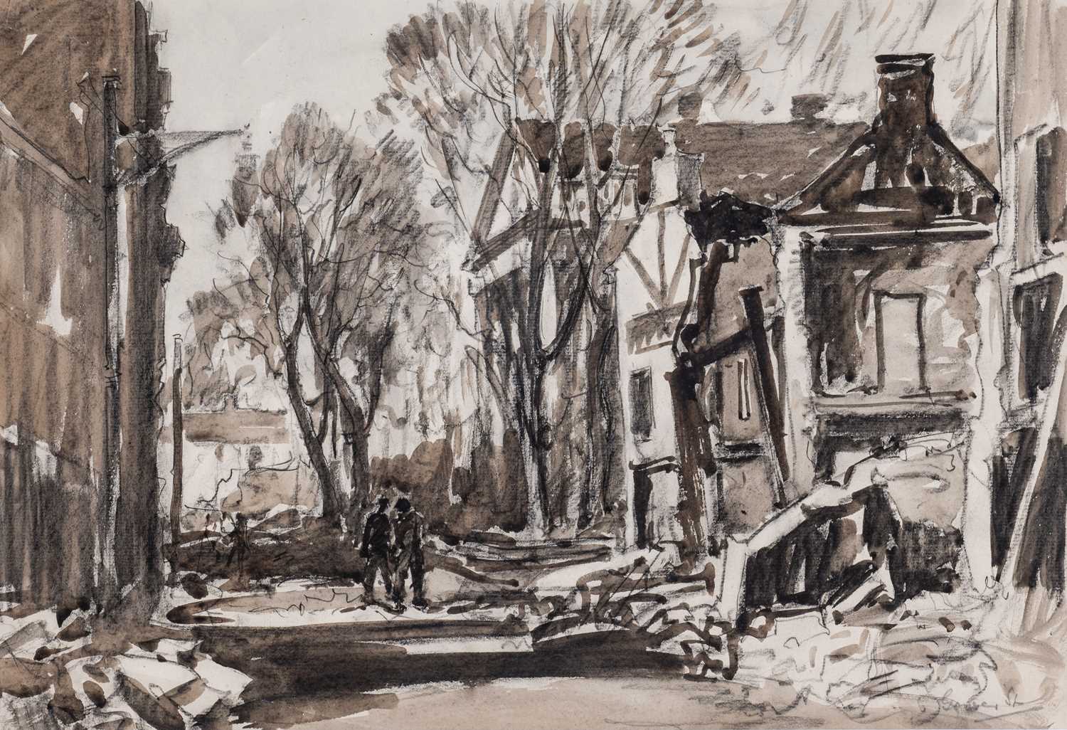 ‡ WILL EVANS mixed media - bombed-out street of Swansea after the Blitz of 1941, with two figures