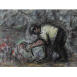 ‡ WILL ROBERTS mixed media - gardener tending to a flower bed, signed, 21 x 29cms Provenance: