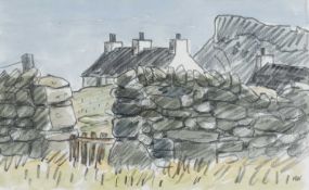 ‡ SIR KYFFIN WILLIAMS RA mixed media - upland cottage behind dry-stone walls and gate, 'Cottage