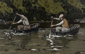 ALAN WILLIAMS acrylic - entitled verso, 'Coracle Men', signed, 34 x 43cms Provenance: private
