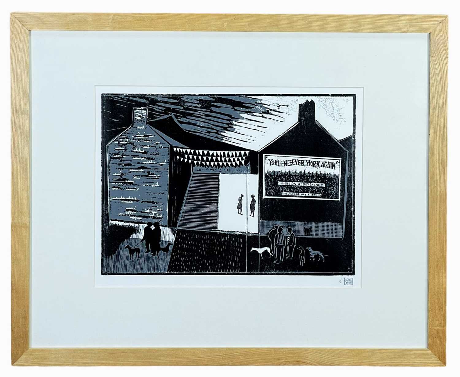 THOMAS NATHANIEL DAVIES limited edition (7/20) linocut - south Wales valley street with figures - Image 2 of 2