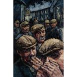 ‡ IFOR PRITCHARD oil on canvas - group of Gentleman in flat-caps outside a public house, signed,