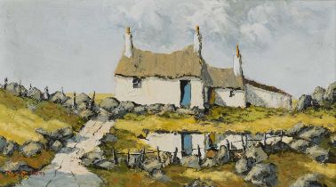 ‡ CHARLES WYATT WARREN oil on board - whitewashed cottage with blue door, signed, 19 x 34cms