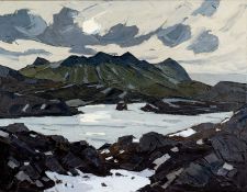 ‡ SIR KYFFIN WILLIAMS RA oil on canvas - hazy sun with Eryri (Snowdonia) mountains, lake and distant