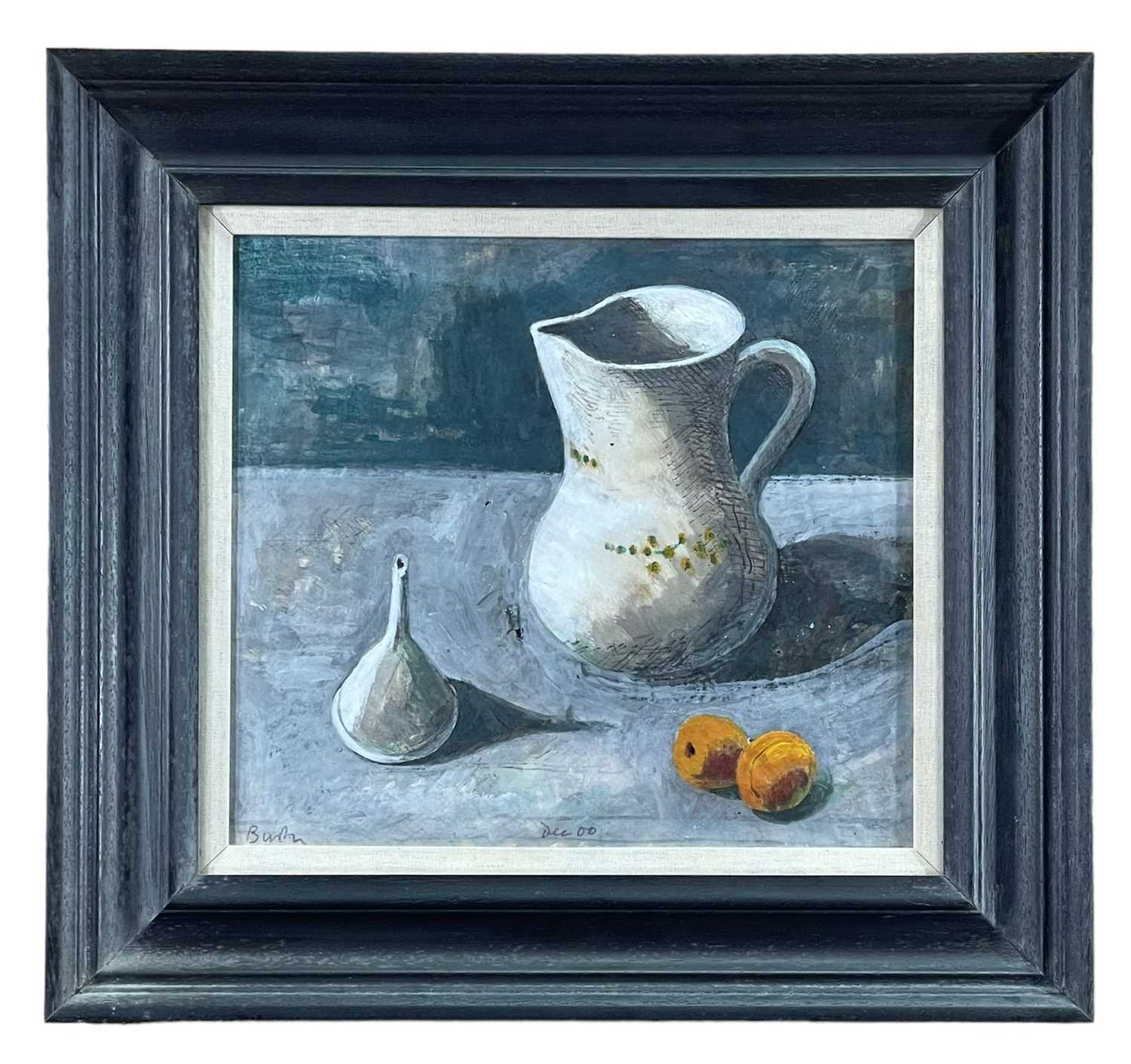 ‡ CHARLES BURTON acrylic on paper - 'Two Apricots', still life depicting jug, funnel and fruit, - Image 2 of 2