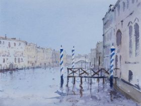 ‡ GARETH THOMAS watercolour - entitled verso, 'Towards the Rialto Bridge', signed in full, 23 x