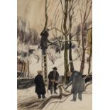 EDGAR HOLLOWAY watercolour, circa 1940s- group of tree-fellers working in the snow, signed, 26 x