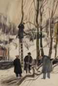 EDGAR HOLLOWAY watercolour, circa 1940s- group of tree-fellers working in the snow, signed, 26 x