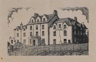 ‡ JOHN PETTS wood engraving - entitled verso on Martin Tinney Gallery label 'Lion Hotel, Criccieth',