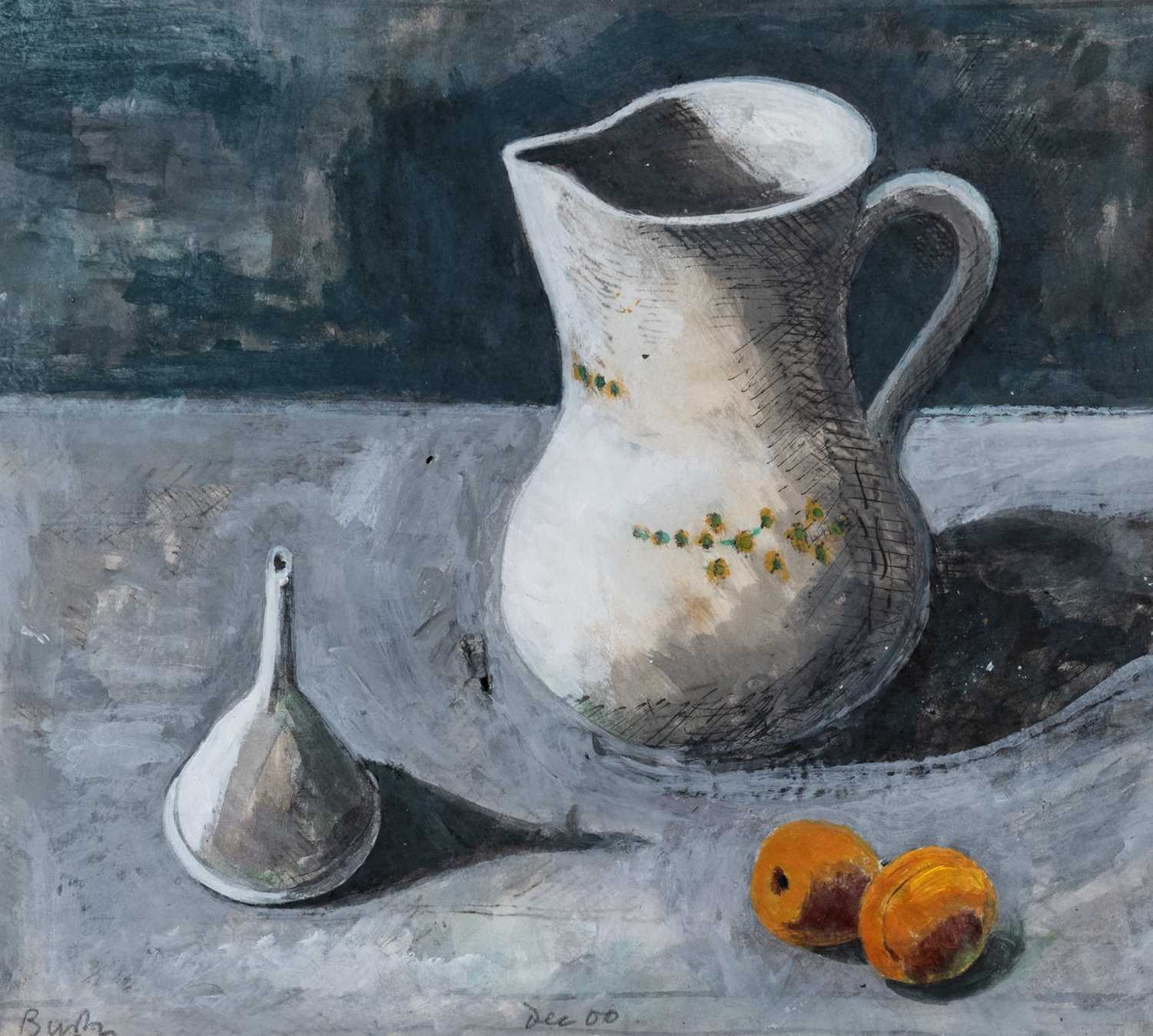 ‡ CHARLES BURTON acrylic on paper - 'Two Apricots', still life depicting jug, funnel and fruit,