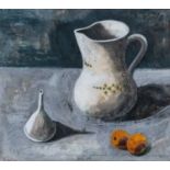 ‡ CHARLES BURTON acrylic on paper - 'Two Apricots', still life depicting jug, funnel and fruit,