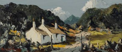 ‡ CHARLES WYATT WARREN oil on board - whitewashed cottage and track leading to Llanberis Pass,
