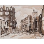 ‡ WILL EVANS pen and inkwash - view of a Swansea town centre street after a German bombing of