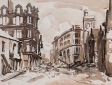 ‡ WILL EVANS pen and inkwash - view of a Swansea town centre street after a German bombing of