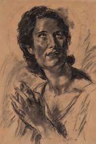 ‡ EVAN WALTERS charcoal - head and shoulders portrait with hands clasped, entitled verso 'Portrait