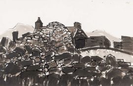 ‡ SIR KYFFIN WILLIAMS RA ink and wash - upland stone dwelling and drystone walls, signed with
