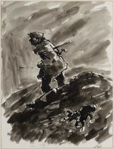 ‡ SIR KYFFIN WILLIAMS RA ink and wash - entitled verso 'Shepherd and Dog' on Oriel Tegfryn Gallery