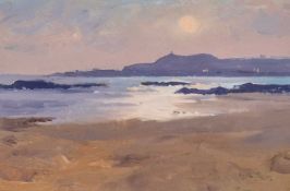 ‡ GARETH THOMAS acrylic - beach at sunset, signed, 15.5 x 24cms Provenance: private collection