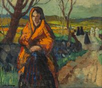 ‡ DONALD McINTYRE early oil on board - figure in orange shawl on footpath with other figures,