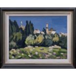 ‡ SIR KYFFIN WILLIAMS RA oil on board - minarets in Rhodes, with blue sky and trees, signed with