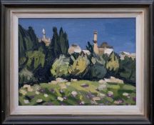 ‡ SIR KYFFIN WILLIAMS RA oil on board - minarets in Rhodes, with blue sky and trees, signed with