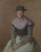 ‡ CAREY MORRIS oil on canvas - portrait of Mrs Evans, a Llangwm fisherwoman, wearing wide-brimmed