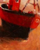 ‡ MIHANGEL JONES oil on canvas - red boat, signed with initials, 26 x 21cms Provenance: private