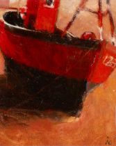 ‡ MIHANGEL JONES oil on canvas - red boat, signed with initials, 26 x 21cms Provenance: private