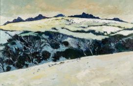 ‡ GWILYM PRICHARD oil on canvas - winter landscape, entitled verso, 'Preseli' on Martin Tinney