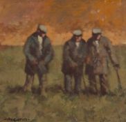 ‡ ANEURIN JONES oil on board - three standing farmers in field, signed, 20 x 20cms Provenance: