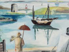 ‡ EMRYS WILLIAMS oil on linen - harbour scene with figure, entitled verso 'Figure and Boat 2008',