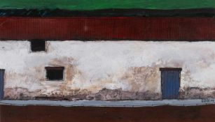 ‡ OGWYN DAVIES acrylic - entitled verso, 'Ysgubor - Wal Arw / Barn - Rough Wall', signed and