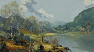 ‡ CHARLES WYATT WARREN oil on board - Eryri (Snowdonia) scene with lake and silver birches, signed