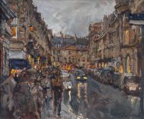 ‡ PETER BROWN oil on board - entitled verso, 'Shoppers, Milsom Street, Bath' on Albany Gallery