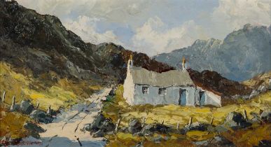 ‡ CHARLES WYATT WARREN oil on board - whitewashed cottage in mountain landscape, possibly Nant Y