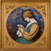 CHRISTOPHER WILLIAMS RBA circular oil on canvas - young woman sewing baby's clothes before a