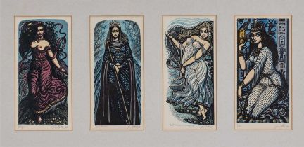 ‡ JOHN PETTS set of four coloured wood engravings - (1-3) from 'Against Women', translated by Gwyn