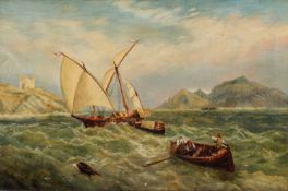 FOLLOWER OF JAMES HARRIS 19th Century oil on canvas - off the Swansea coast with boats, label