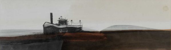 ‡ ROGER CECIL mixed media - barren landscape with industrial building, signed, 26 x 86cms