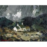 ‡ CHARLES WYATT WARREN oil on board - entitled verso, 'Farm Buildings in Snowdonia' on Manor House