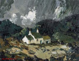 ‡ CHARLES WYATT WARREN oil on board - entitled verso, 'Farm Buildings in Snowdonia' on Manor House